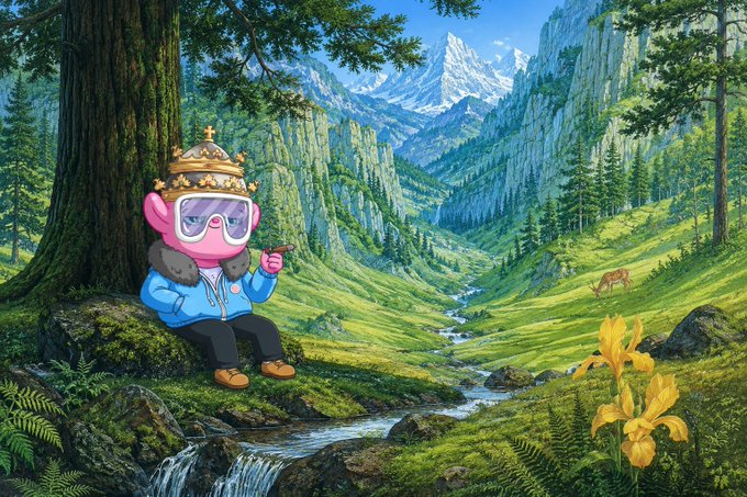 A whimsical illustration of a pink cartoon character wearing a golden crown, ski goggles, and a blue jacket, sitting on a tree branch in a lush mountain valley with a deer in the background.
