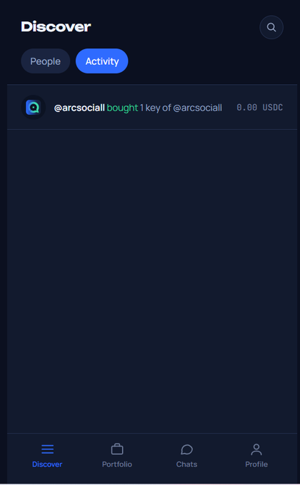 A screenshot of a 'Discover' page with 'People' and 'Activity' tabs, showing an activity entry: '@arcsociall bought 1 key of @arcsociall 0.00 USDC'.