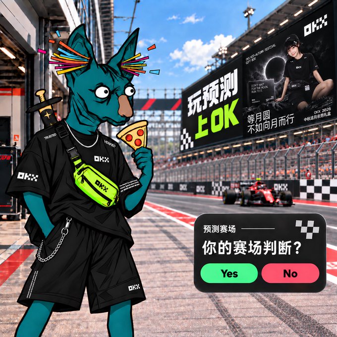 A vibrant advertisement featuring a blue cat-like character holding pizza at a race track, with Chinese text including 'OKX' and '预测赛场' (predict the race track), and buttons asking 'Yes' or 'No' to '你的赛场判断?' (your track judgment?).