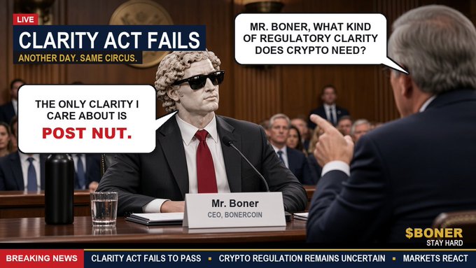The image depicts a parody news broadcast titled "CLARITY ACT FAILS — ANOTHER DAY, SAME CIRCUS," featuring Mr. Boner, CEO of "Bonercoin," testifying before Congress while wearing sunglasses and joking that "the only clarity I care about is post nut," with the ticker $BONER displayed alongside the tagline "Stay Hard."