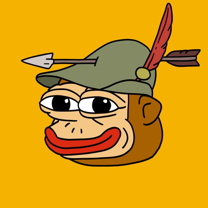 A cartoon monkey wearing a feathered Robin Hood-style hat with an arrow through it, set against a yellow background. The image humorously represents the crypto investor's feelings of missing out on countless crypto opportunities (Uniswap, DeFi Summer, BAYC, Bitcoin, etc.) listed in the caption, with the "arrow through the hat" symbolizing being left behind by the rapidly passing market trends.