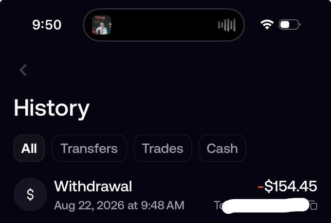 A mobile app screenshot showing a transaction history with a 'Withdrawal' of -$154.45 on Aug 22, 2026 at 9:48 AM, with filters for All, Transfers, Trades, and Cash.