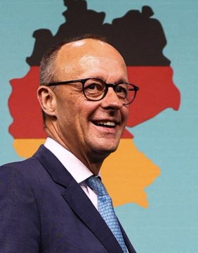 Friedrich Merz, leader of Germany's CDU party, is pictured smiling in front of a stylized map of Germany featuring the country's black, red, and gold colors, reflecting the article's discussion of his party's declining polling ahead of regional elections.