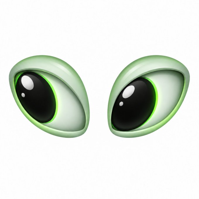 A pair of cartoon-style green eyes with large black pupils and bright highlights against a white background.