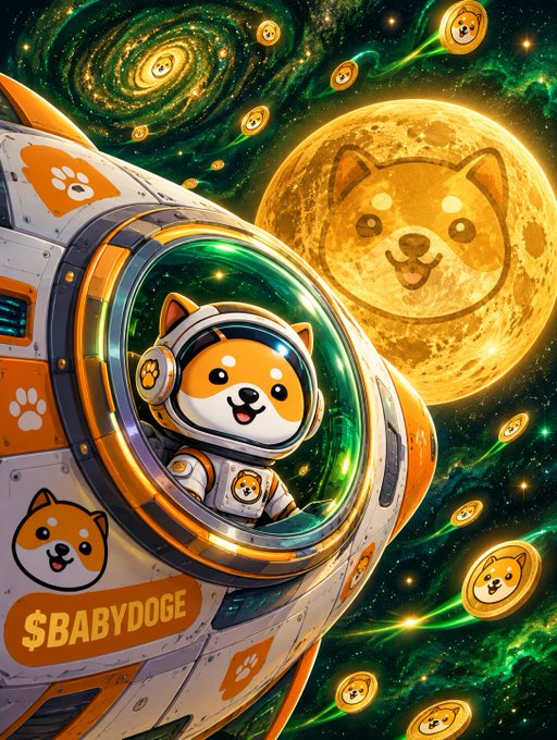 A vibrant digital illustration depicts a Shiba Inu dog in a spacesuit piloting a rocket ship labeled "$BABYDOGE" through space, with the dog's face appearing on a moon-like planet and gold coins floating in the cosmic green background.