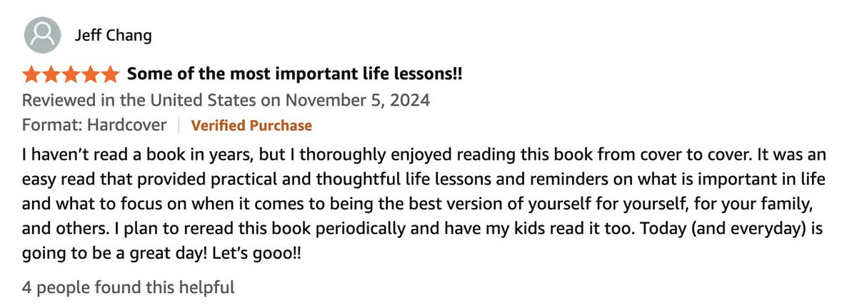 A 5-star Amazon review by Jeff Chang praising the book as containing important life lessons, with plans to reread it and share it with his kids. The glowing review supports the post's claim about the book's impact, promoting the upcoming Volume 2 release available for pre-order on Amazon.