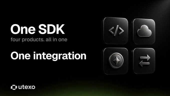 Utexo promotional graphic on a black background promoting 'One SDK, four products, all in one' with 'One integration' and four 3D icons.