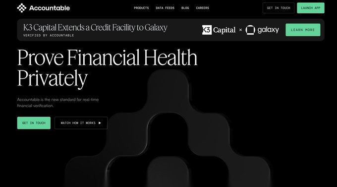 A dark-themed website homepage for 'Accountable' displays the headline 'Prove Financial Health Privately' and a banner reading 'K3 Capital Extends a Credit Facility to Galaxy'.