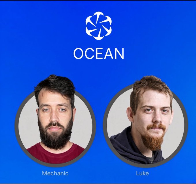 The image shows the "OCEAN" logo above two circular headshots labeled "Mechanic" and "Luke" against a blue background. It relates to the post as a promotional or community graphic for the OCEAN project, with the two pictured individuals likely being team members of the Bitcoin-focused initiative.