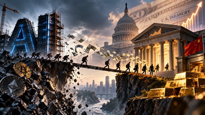 A dramatic digital illustration depicting the global financial divide between the U.S. Treasury and China's gold reserves, with figures crossing a precarious bridge over a chasm filled with dollar bills and cryptocurrency coins, including Bitcoin and Ethereum.
