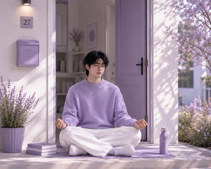 A young man wearing glasses and a light purple sweater sits cross-legged in a meditative pose on a mat outside a purple-themed doorway numbered 27, surrounded by lavender plants and a purple water bottle.