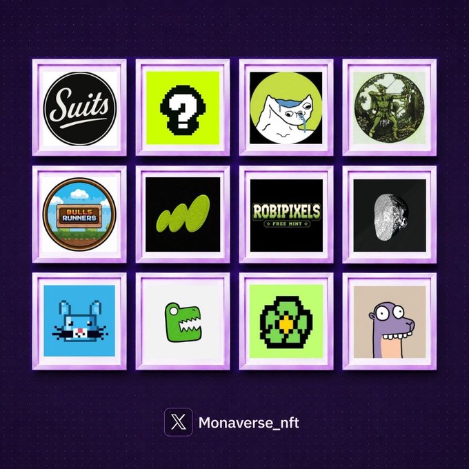 A 3x4 grid showcasing various NFT collection logos and icons including Suits, Bulls Runners, Robipixels, and pixel art characters, credited to 'Monaverse_nft' at the bottom.