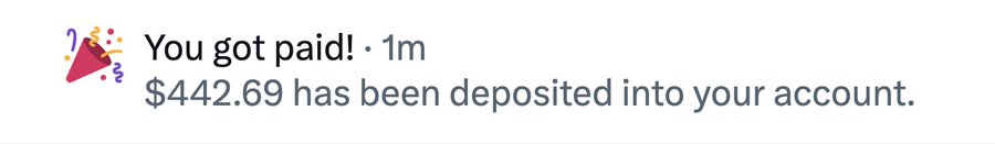 A Slack notification from "You got paid!" indicates that $442.69 has been deposited into the user's account, illustrating the cash giveaway the post mentions receiving from X revenue through XMoney.