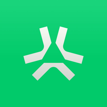 A simple white geometric symbol resembling a stylized 'X' or person on a bright green background.