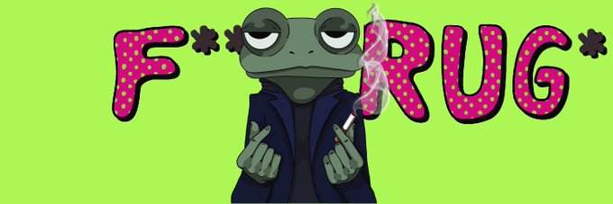 A cartoon frog wearing a dark jacket and smoking a cigarette stands against a bright green background with the bold pink polka-dotted text "F* RUG *" displayed behind it, visually promoting the $FRUG meme coin and its "no rugs" message.