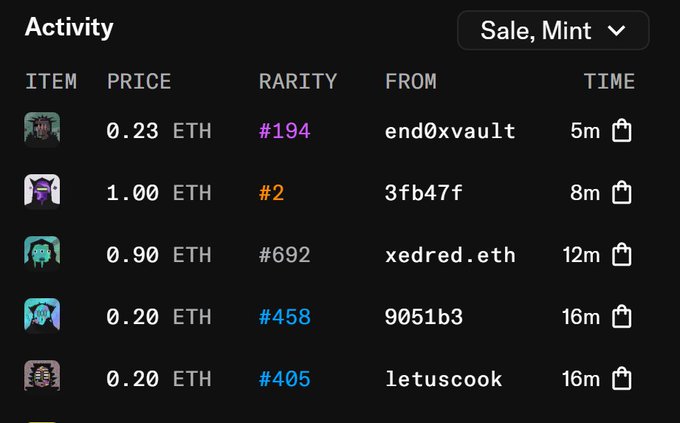 Mobile app screenshot of an 'Activity' feed showing recent 'Sale, Mint' transactions with item thumbnails, prices in ETH, rarity numbers, and seller addresses.
