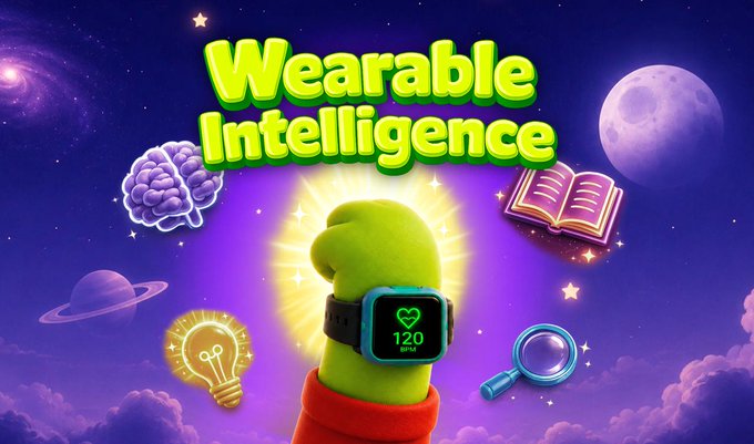 A vibrant purple cosmic-themed graphic titled 'Wearable Intelligence' shows a green hand wearing a smartwatch displaying a heart rate of 120 BPM, surrounded by floating icons of a brain, lightbulb, book, and magnifying glass.