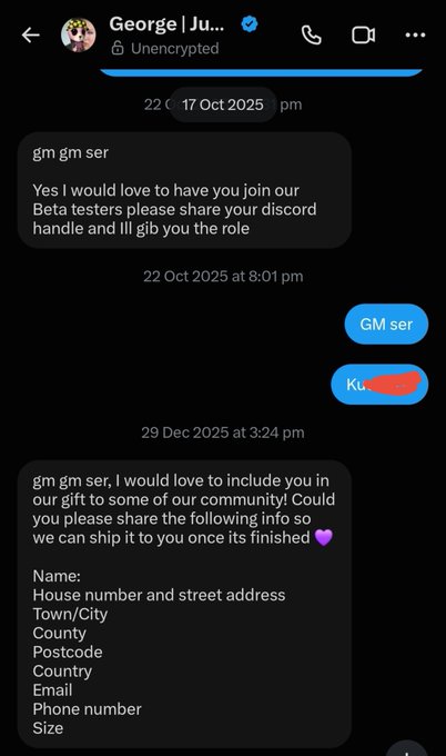 A Twitter/X direct message conversation with 'George | Ju...' where he invites the user to join as a Beta tester and later asks for shipping information including name, address, and size to send a gift.