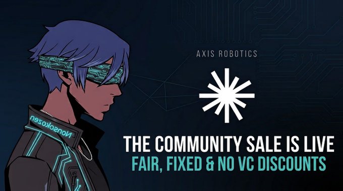 An anime-style illustration of a character with blue hair and a blindfold, with 'AXIS ROBOTICS' and 'THE COMMUNITY SALE IS LIVE - FAIR, FIXED & NO VC DISCOUNTS' text.