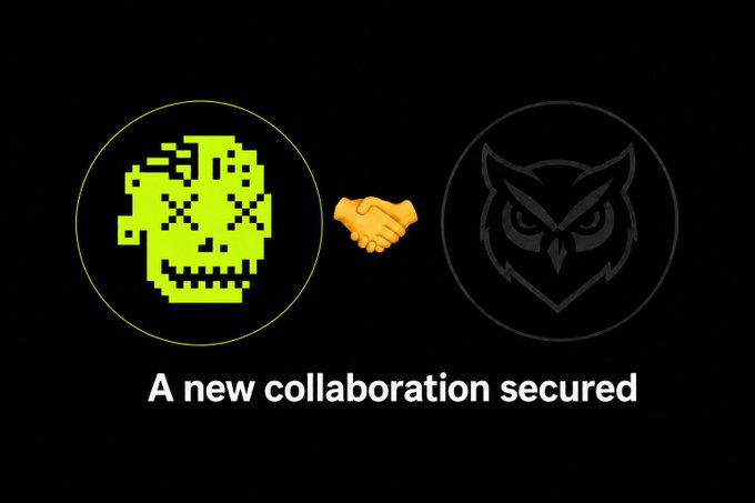 A graphic announcing a collaboration between two entities: a green pixel skull character on the left and a gray owl logo on the right, with a handshake icon between them and text reading 'A new collaboration secured'.