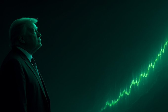 A silhouette of a man in a suit gazes upward in a dark green-lit scene, watching a sharply ascending green stock market chart on the right side of the image.