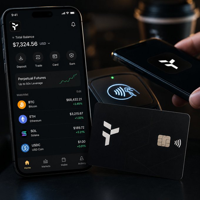 A smartphone shows a crypto trading app with a $7,324.56 USD balance and BTC, ETH, SOL, USDC watchlist, alongside a black branded crypto card and a contactless payment terminal.