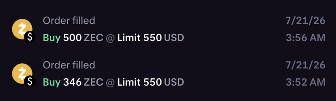 The image shows a trading history displaying two "Order filled" notifications for ZEC (Zcash) purchases on July 21st: 346 ZEC at a limit of 550 USD at 3:52 AM, followed by 500 ZEC at the same 550 USD limit at 3:56 AM. These late-night/early-morning buy orders align with the post's claim of being "blacked out drunk" around 4 AM while blasting Zcash, humorously suggesting the trader made impulsive ZEC purchases in the early morning hours.