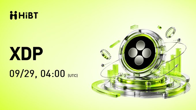 A promotional graphic features the HiBT logo and announces 'XDP' with a date of '09/29, 04:00 (UTC)' alongside a 3D green and black tech-style illustration.