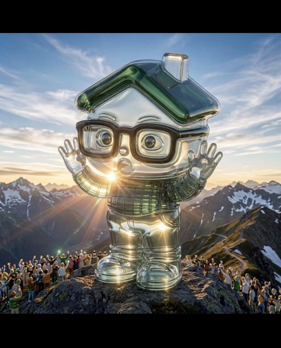 A giant, transparent inflatable house-shaped character wearing black glasses stands on a rocky mountain peak with raised hands, surrounded by a crowd of people against a sunset sky.