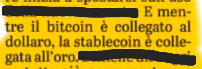 A close-up image of yellow book or article text in Italian discussing cryptocurrency, with visible text: 'E mentre il bitcoin è collegato al dollaro, la stablecoin è collegata all'oro.' (And while bitcoin is linked to the dollar, the stablecoin is linked to gold.)
