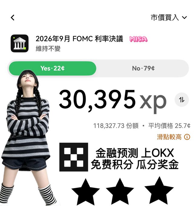A prediction market interface displaying "2026年9月 FOMC 利率決議 維持不變" with "Yes·22¢" and "No·79¢" odds, showing 30,395 xp with a 22-cent token featured.