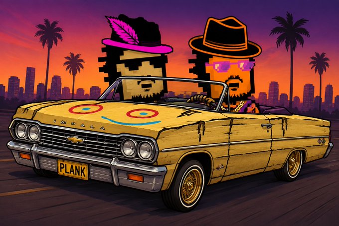 Pixel art illustration of two men wearing hats and sunglasses driving a yellow vintage convertible with 'PLANK' on the license plate, set against a sunset city skyline with palm trees.