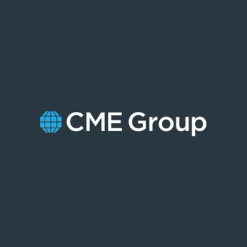 The image shows a logo for a company named "CME Group", which appears black with an international globe design in blue at its center. It appears as if the CME Company Group logo is floating around or spinning. This design style is often associated with global businesses and finance, reflecting their prominence on a worldwide scale.
