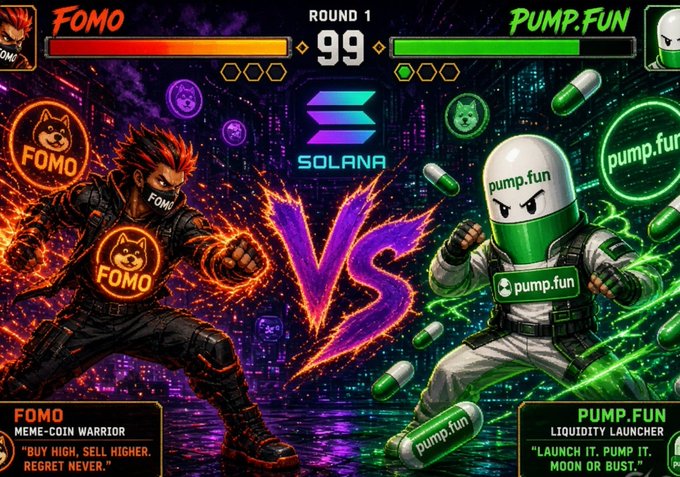 A colorful gaming-style graphic depicting 'FOMO MEME-COIN WARRIOR' vs 'PUMP.FUN LIQUIDITY LAUNCHER' on Solana, with Round 1, health bars, and a timer at 99.