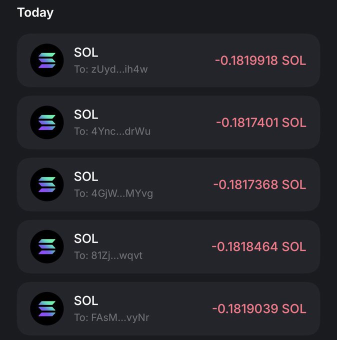 A screenshot of recent Solana (SOL) transactions, showing five outgoing transfers of approximately 0.1817-0.1819 SOL each to different wallet addresses, appearing to represent cryptocurrency airdrops or rewards distributed to recipients.