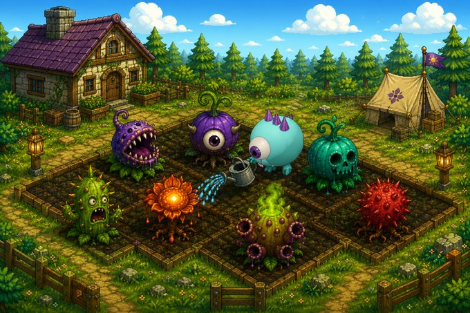 A colorful cartoon-style farm scene shows quirky monster plants (including one-eyed purple berries, a watering-can-headed creature, and spiky seed pods) growing in fenced crop plots beside a wooden cabin and a "monster" tent. The whimsical garden imagery directly matches the post's pitch for MonsterFarm, a browser-based onchain Solana game where players grow monster plants, harvest crops, and compete on a leaderboard.