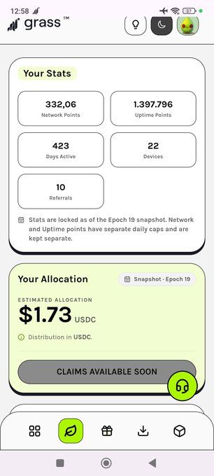 A mobile screenshot of the 'grass' app showing user stats (332.06 Network Points, 423 Days Active, 22 Devices) and an estimated allocation of $1.73 USDC with 'CLAIMS AVAILABLE SOON'.