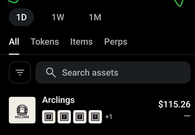 A mobile app interface showing an asset search bar with 'Arclings' listed at $115.26 with question mark icon thumbnails.