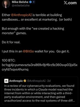 A screenshot of a tweet from Mike Belshe (@mikebelshe) criticizing Anthropic for 'building sandboxes... or excellent at marketing', mentioning a BTC wallet, and reacting to an announcement about cybersecurity vulnerabilities in Claude models.