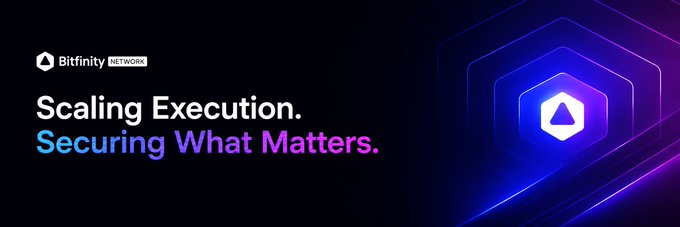 A promotional banner for Bitfinity Network with the text 'Scaling Execution. Securing What Matters.' alongside a glowing hexagonal logo on a dark blue/purple background.
