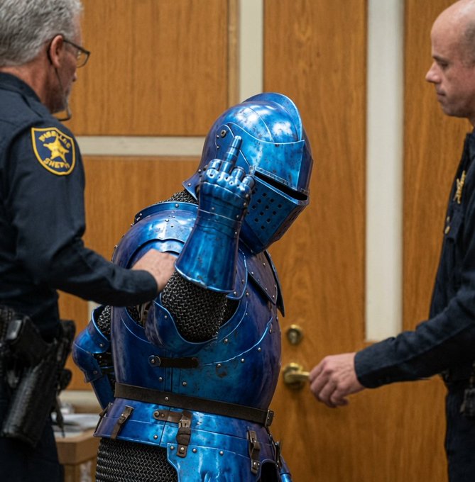 Two sheriff's deputies flank a person wearing full, shiny blue medieval plate armor who is giving a peace sign with their armored hand.