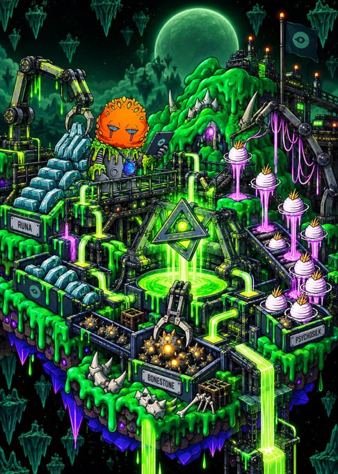 Pixel art illustration of a sci-fi fantasy facility with green slime, labeled areas like "RUNA," "BONESTONE," and "PSYCHOBULK," featuring mechanical arms and a sun character.