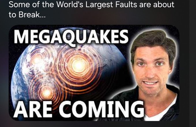 A meme with a man's face and the text "Some of the world's largest faults are about to break...", accompanied by an illustration of a planet with three rings.
