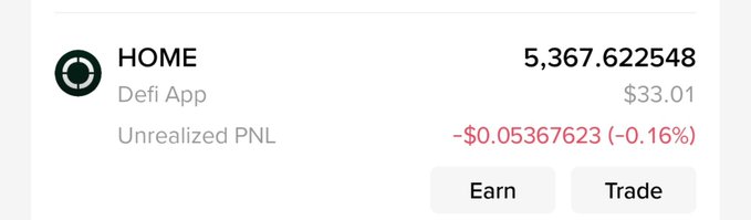 The screenshot shows a DeFi App portfolio entry for the HOME token, displaying a balance of 5,367.622548 HOME valued at $33.01, with an unrealized PNL of -$0.05367623 (-0.16%). This illustrates the steep decline in the user's HOME holdings, consistent with the post's mention of a ~10x drop from the token's all-time high value.