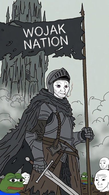 An illustration depicting a medieval warrior holding a black flag reading 'WOJAK NATION', standing before a dark castle with a cigarette in mouth.