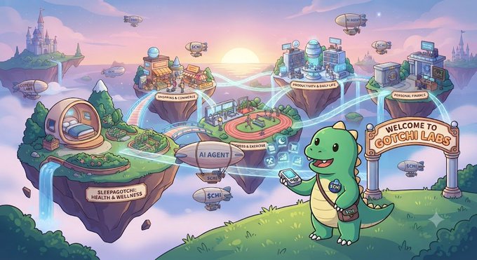 A colorful cartoon illustration labeled 'WELCOME TO GOTCHI LADS' showing a green dragon-like creature holding a smartphone, surrounded by floating islands representing features like 'AI AGENT', 'SLEEPAGOTCHI HEALTH & WELLNESS', 'PRODUCTIVITY & DAILY LIFT', and 'PERSONAL FINANCE'.