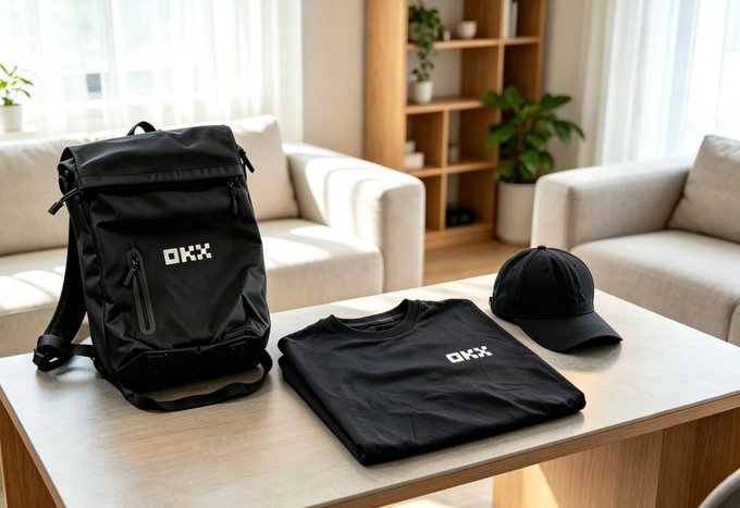 A lifestyle product photo displaying a black "OKX" branded backpack, a matching black t-shirt, and a black baseball cap arranged on a wooden table in a modern living room setting.