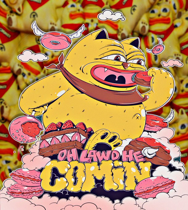 A cartoon fat yellow cat with a wide grin and horns, surrounded by floating donuts, a cake, strawberries, bananas, and macarons, sits above the text "OH LAWD HE COMIN" against a background of repeated yellow cat meme imagery.

The image illustrates the "$CHONKY" meme coin post by showcasing the cat mascot literally "coming" through a mountain of sugary treats, symbolizing the project's established legitimacy (age, lore, merch, original brand) in contrast to the brief "24HR life span" of other coins.