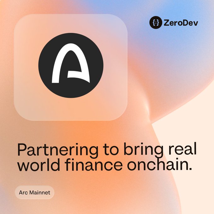 ZeroDev announces its Day 1 launch on Arc Mainnet with the tagline "Partnering to bring real world finance onchain," promoting their platform for embedded wallets, smart accounts, and gasless transactions to enable one-click onchain UX.