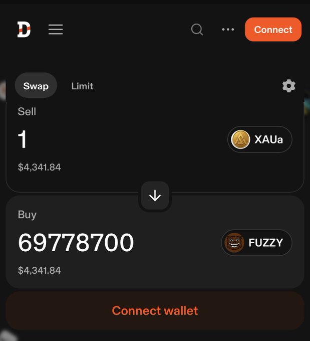 A screenshot of a DEX swap interface showing selling 1 XAUa for 697,787,000 FUZZY at $4,341.84, with a 'Connect wallet' button at the bottom.